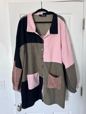 Dressed in LALA- Color block, Corduroy   Longline Jacket - Pink/Olive/Black